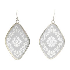 PONTIEL Vintage Czech Republic Etched Glass with Scroll Pattern Drop Earrings