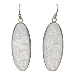 PONTIEL Vintage Czech Elongated Etched Glass w/ Flowers and Vines Drop Earrings