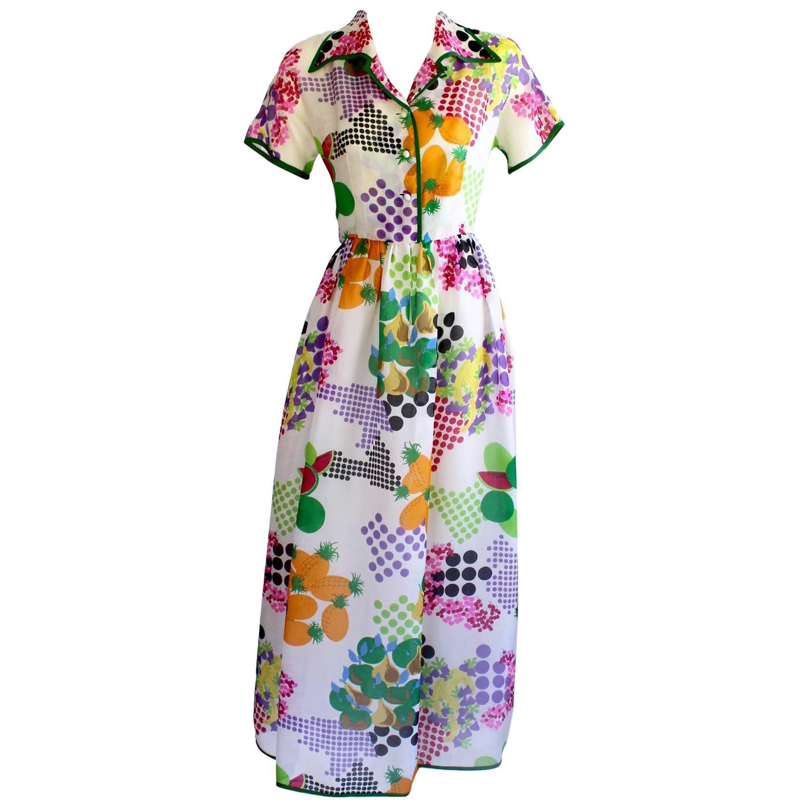 Nina Ricci Boutique Fruit and Dots Multicolor Print Silk Organza Dress, 1970s 