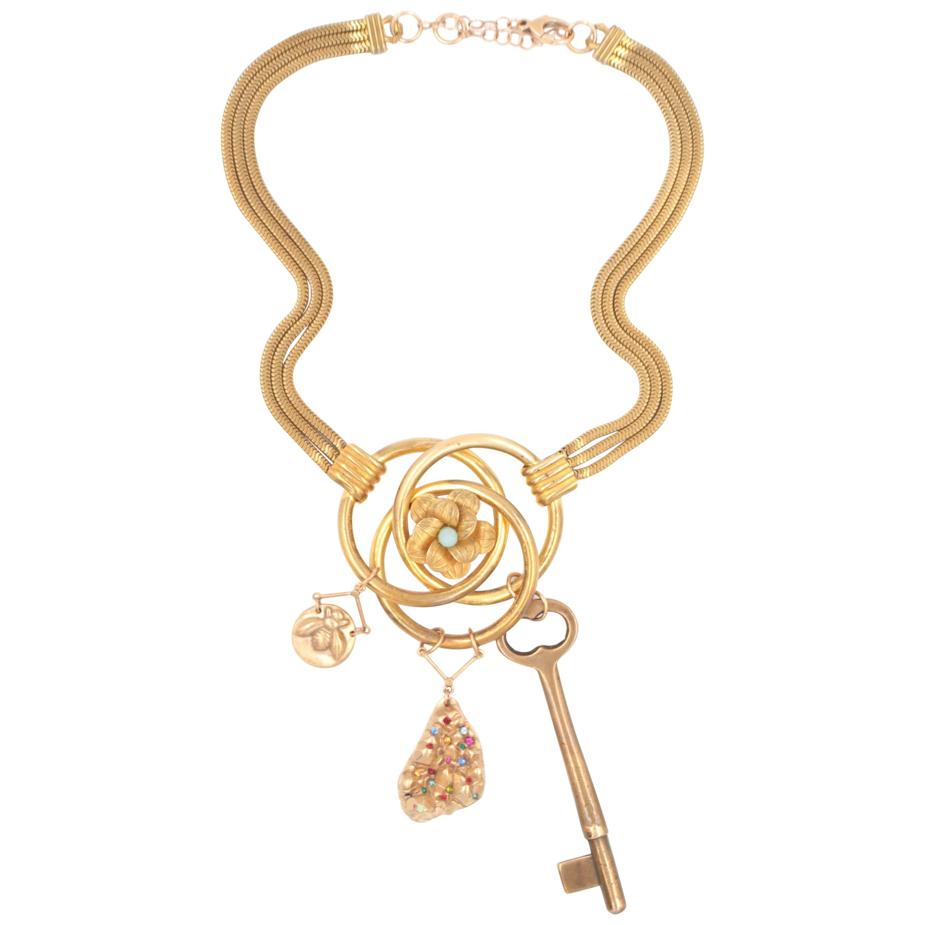 Bronze Swarovski Crystal Brass Key Necklace For Sale