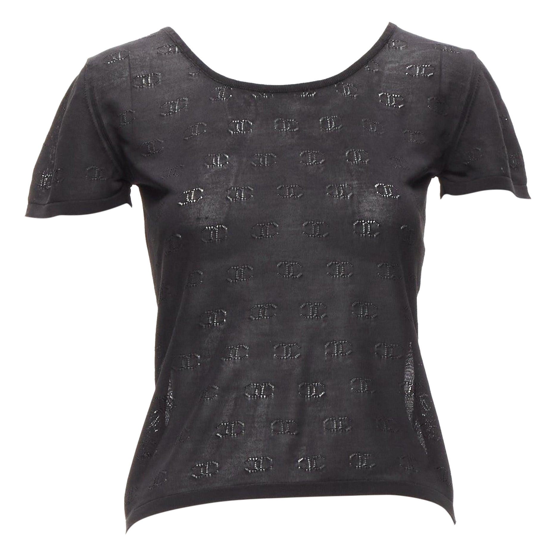CHANEL 98P Vintage black CC logo monogram Pointelle silk knitted top FR38 M For Sale