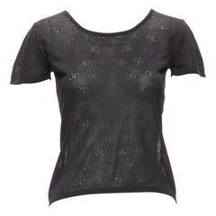 CHANEL 98P Vintage noir logo CC monogramme Pointelle soie tricotée FR38 M