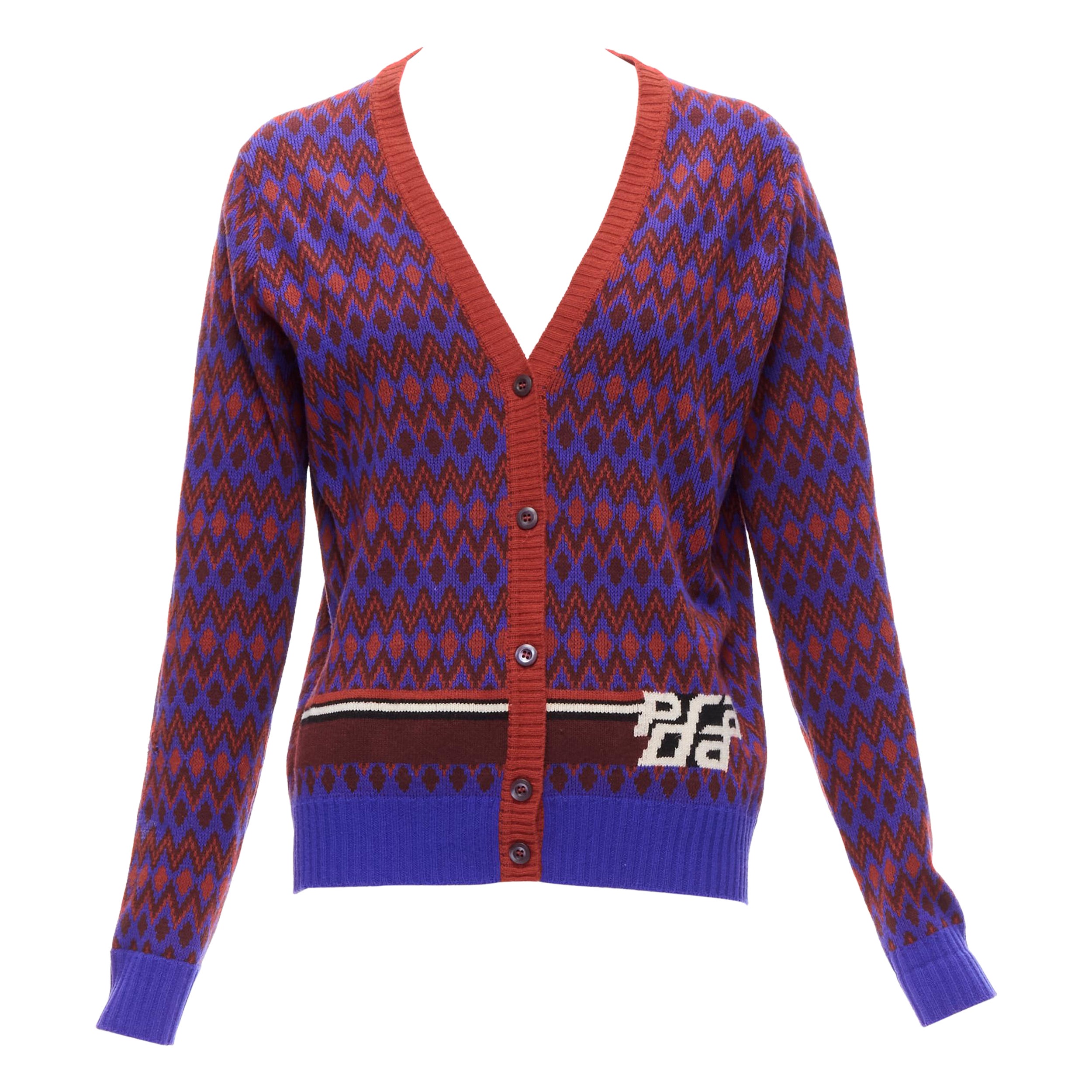 PRADA 2018 cardigan intarsia in lana cashmere viola con logo racing chevron IT38 XS