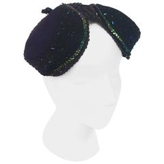 1940s Pierre - Renand Navy Iridescent Sequined and Beaded Evening Hat