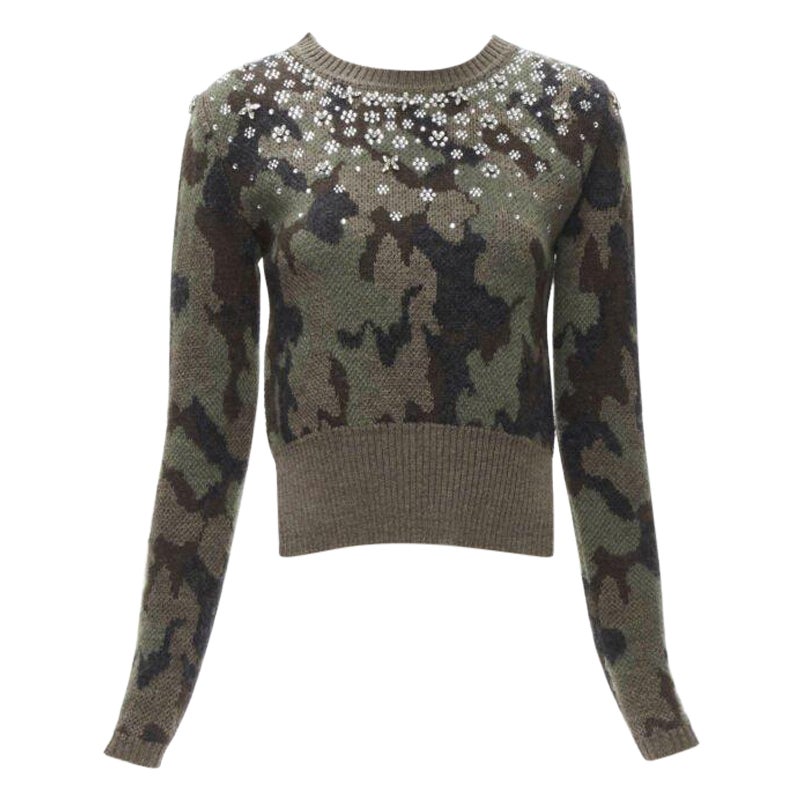 GIAMBATTISTA VALLI 2021 green camo crystal embellished cropped sweater IT38 XS For Sale