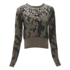 GIAMBATTISTA VALLI 2021 green camo crystal embellished cropped sweater IT38 XS