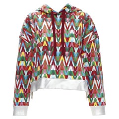 VALENTINO V Optical graphic logo silver foil oversized cropped cotton hoodie S