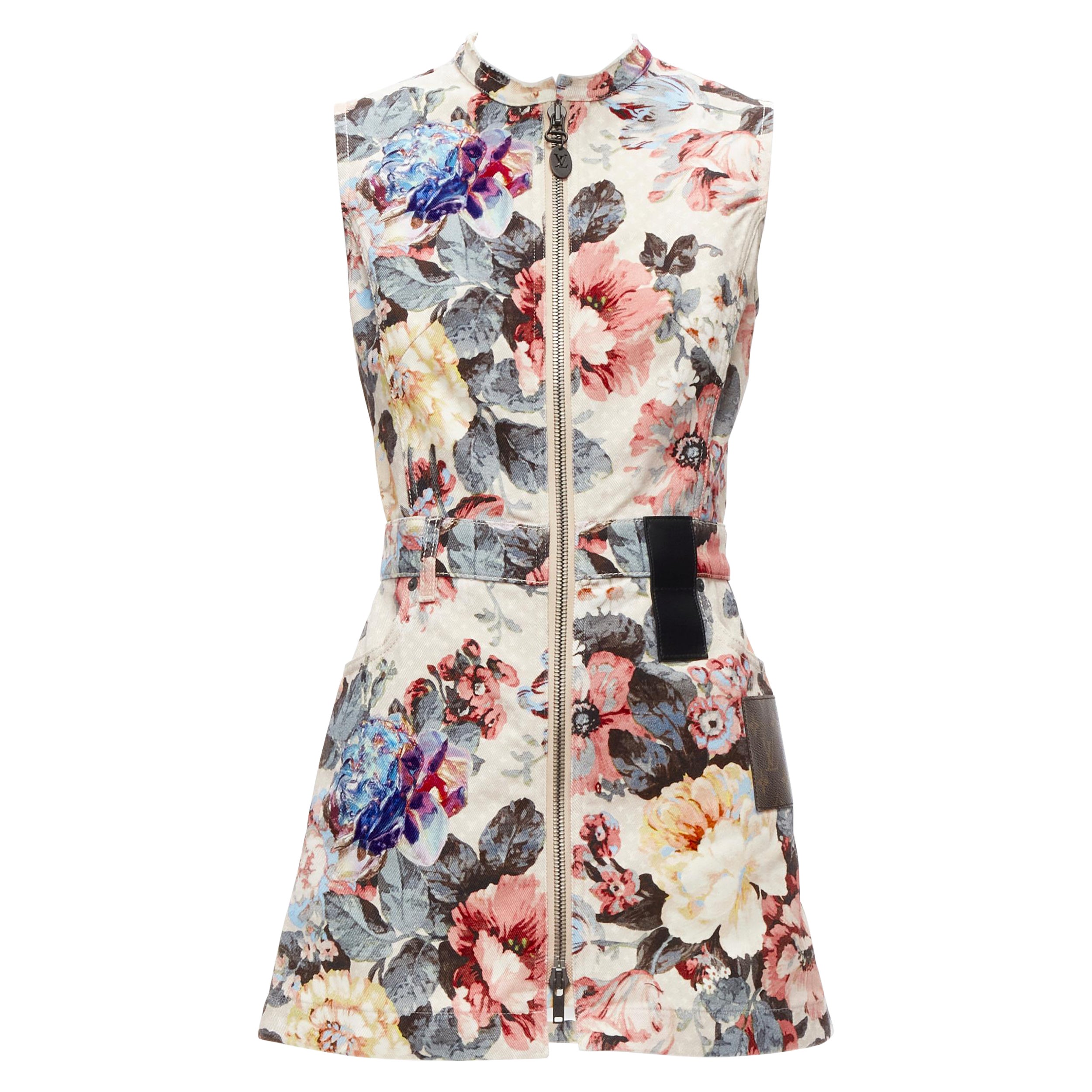 LOUIS VUITTON 2022 Vintage Floral LV monogram patch denim zip dress FR34 XS For Sale