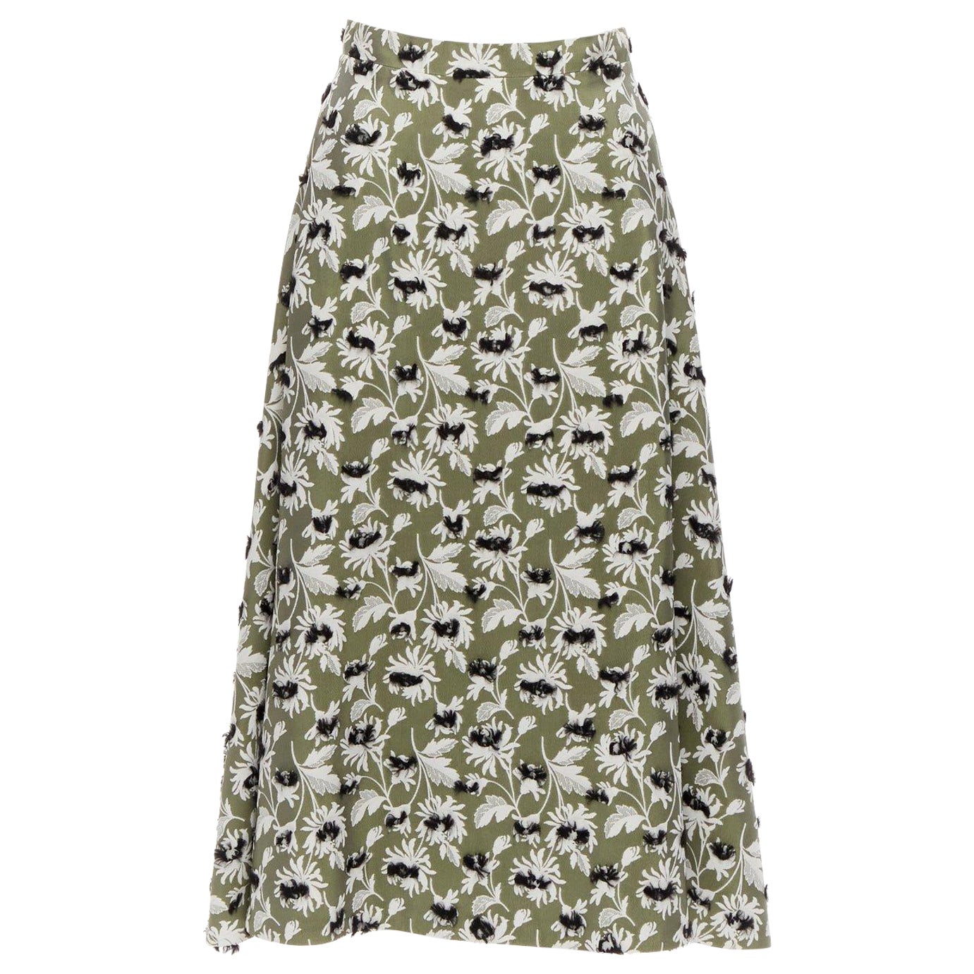 BALENCIAGA 2015 green black fringe embellishment white floral midi skirt FR36 S For Sale