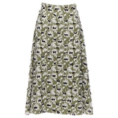 BALENCIAGA 2015 green black fringe embellishment white floral midi skirt FR36 S