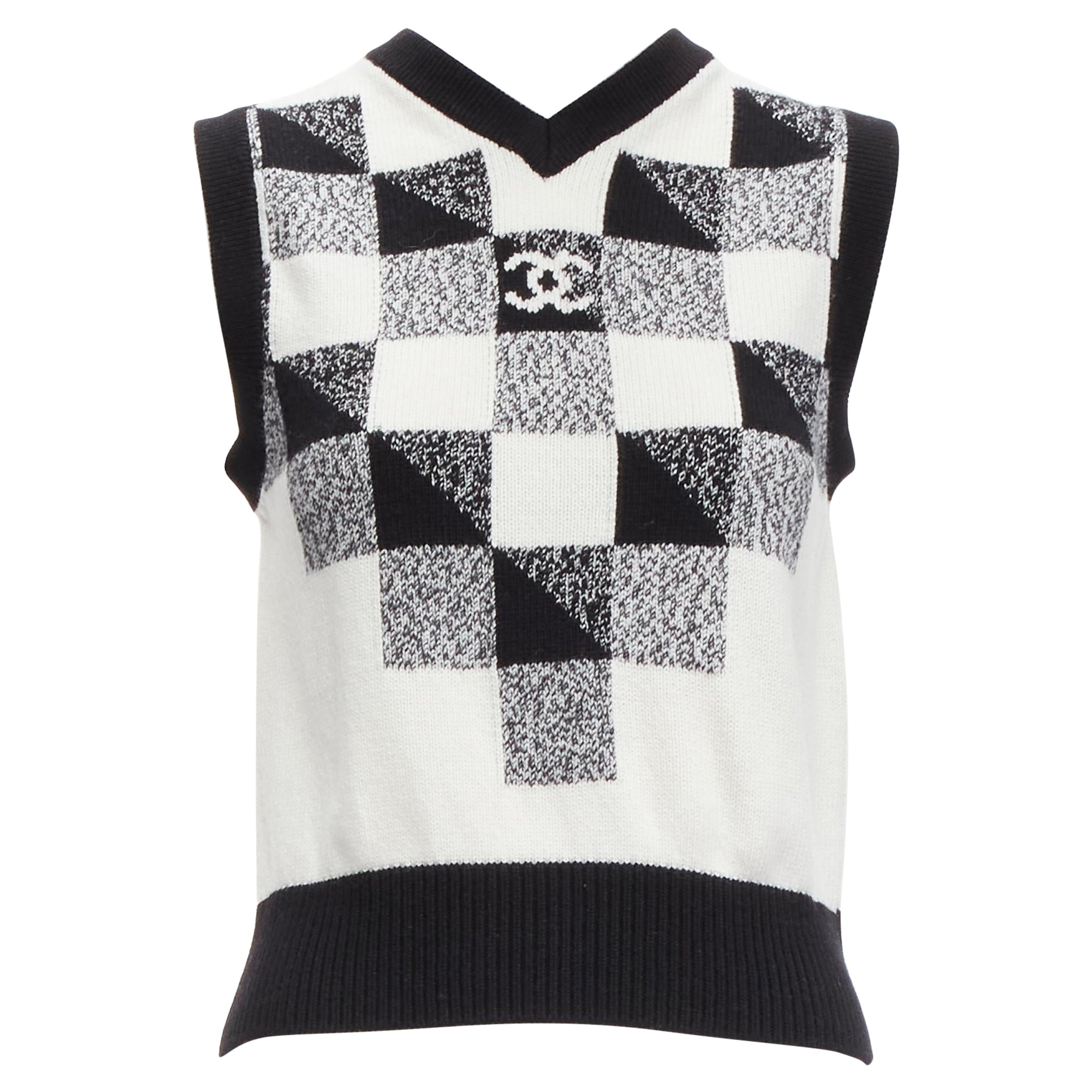 CHANEL 100% cachemira negro blanco cuadros gráficos CC logo jersey chaleco FR36 S en venta