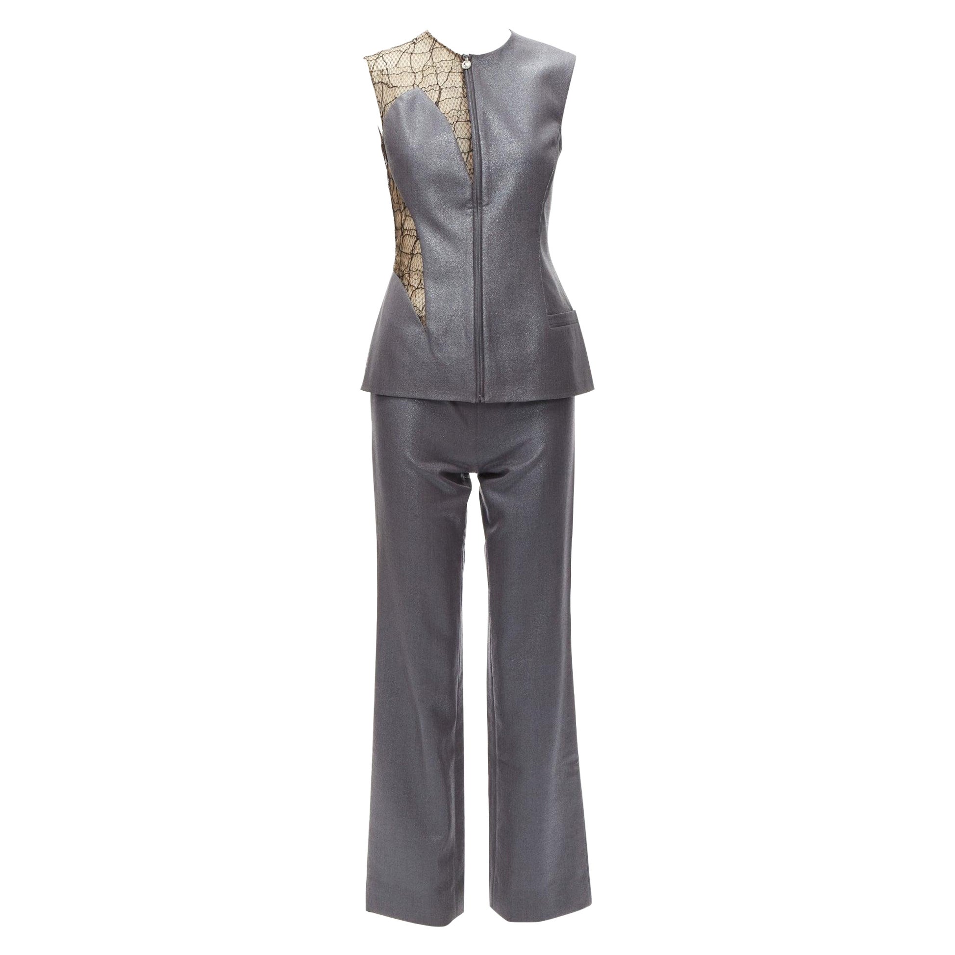 Gianni Versace Vintage Runway gris nude dentelle maille illusion pantalon IT38 XS