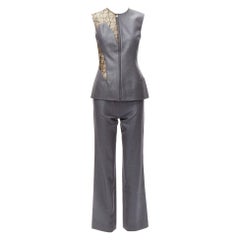 GIANNI VERSACE Vintage Runway grey nude lace mesh illusion vest pants IT38 XS