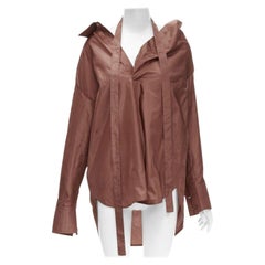 VALENTINO 2022 Camisa de tafetán de seda marrón con cuello ancho y corbata IT38 XS