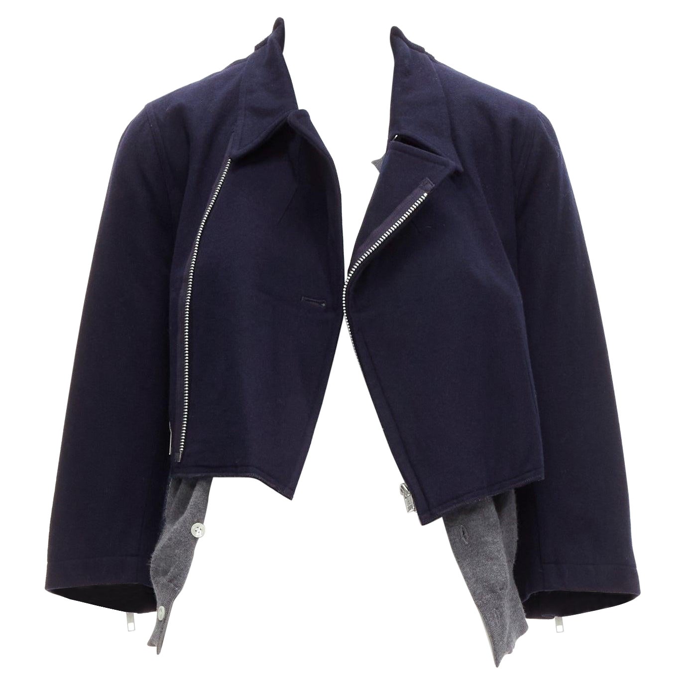COMME DES GARCONS cardigan cropped ibrido biker decostruito in lana grigio navy S