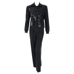 1974 Yves Saint Laurent Sequin Black Wool Sweater Le Smoking Tuxedo Pants Suit 7