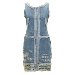 CHANEL 08A Carousel Runway blue distressed denim pocketed zip front dress FR36 S