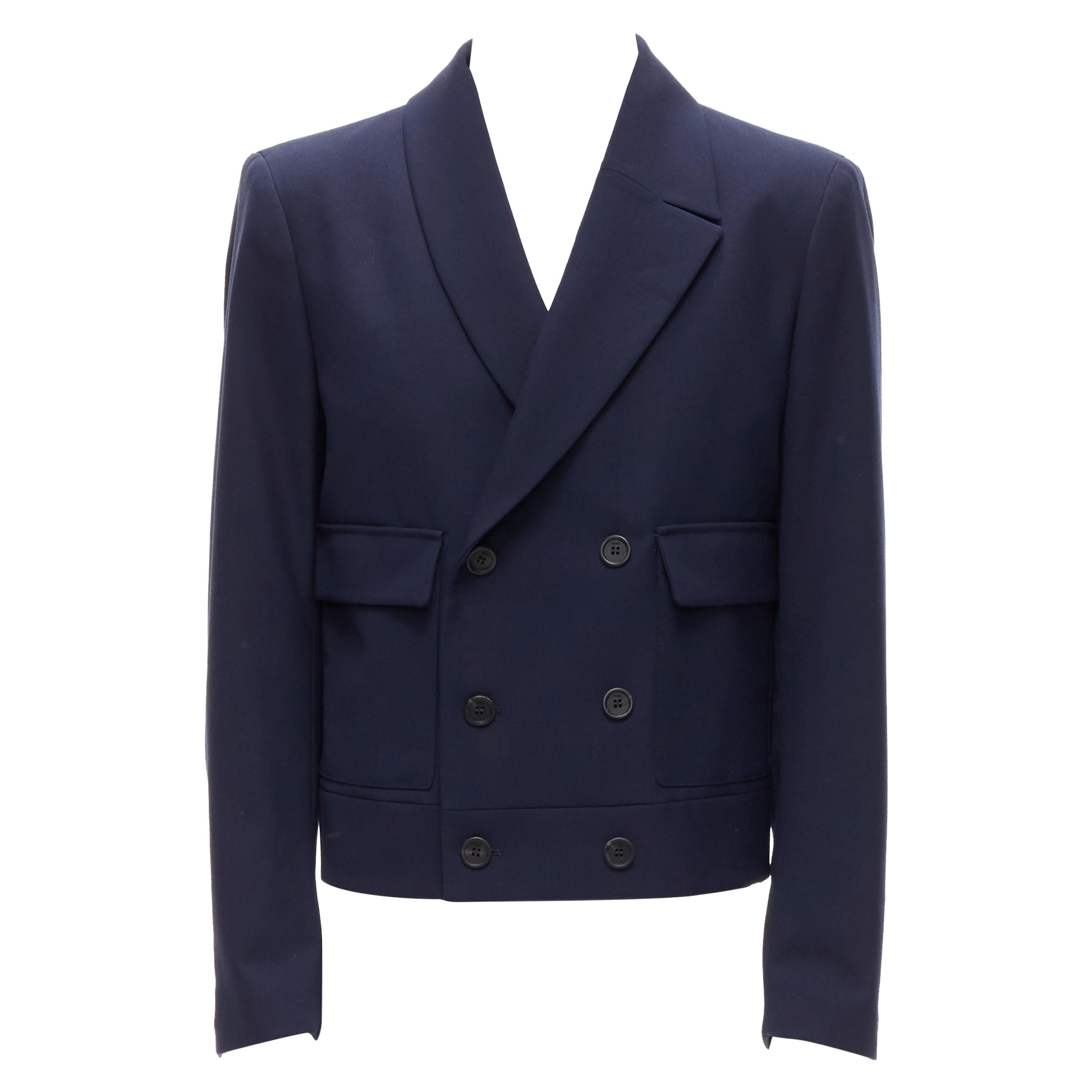 FENDI 2019 Laufsteg Marineblauer asymmetrischer doppelreihiger Blazer in Kurzform IT48 M im Angebot