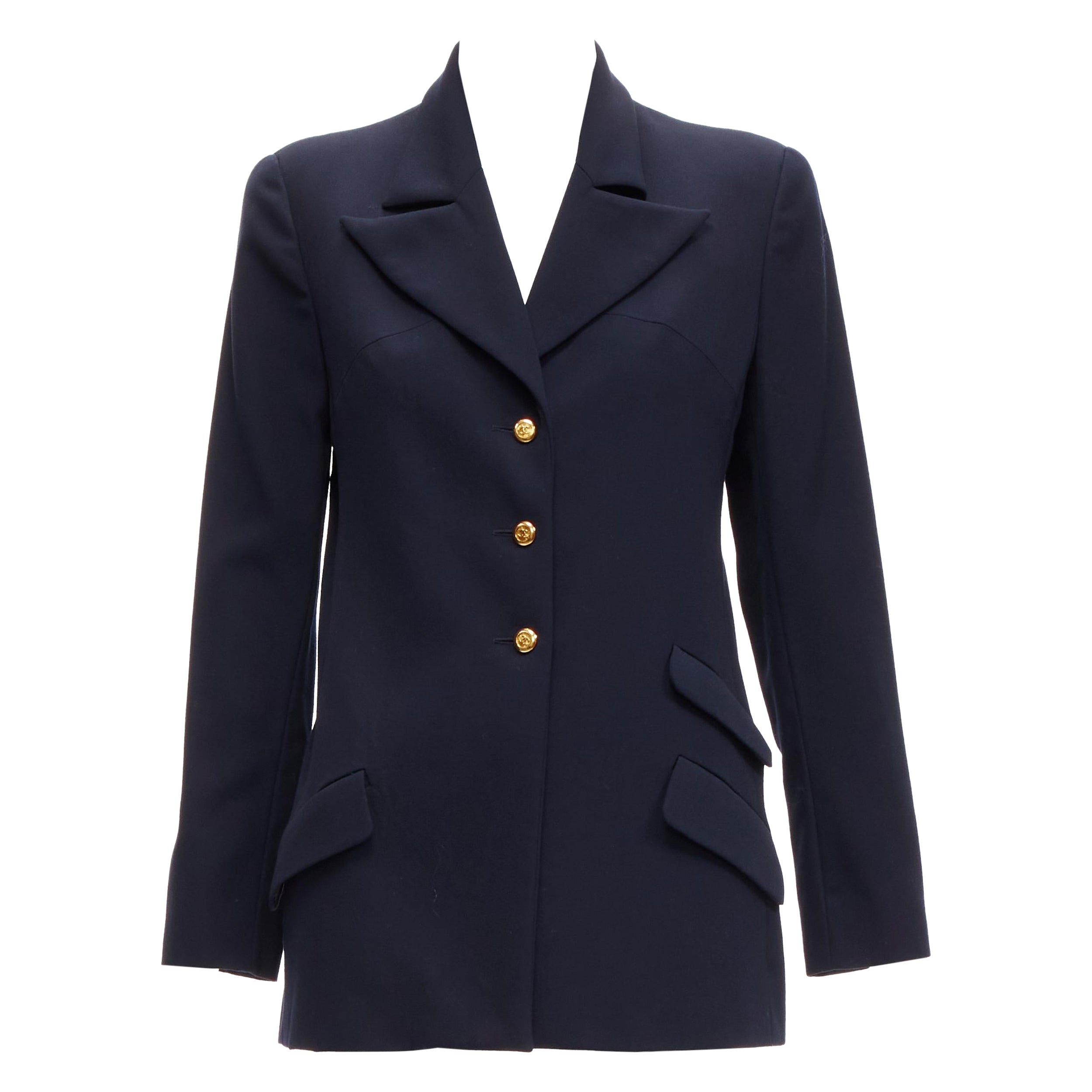 CHANEL navy gold CC buttons flap pockets military blazer jacket FR38 M For Sale
