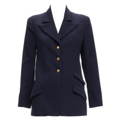 CHANEL navy gold CC buttons flap pockets military blazer jacket FR38 M