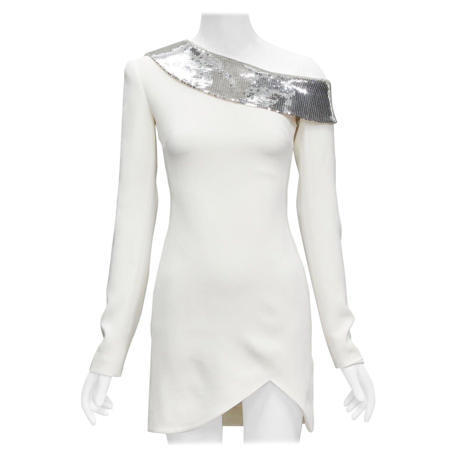 DAVID KOMA 2019 Pasarela lentejuelas plateadas off shoulder vestido dobladillo festoneado UK6 XS en venta