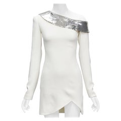DAVID KOMA 2019 Runway silver sequins off shoulder scalloped hem dress UK6 XS