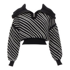 CHANEL 100% cashmere black white stripe CC crystal logo cropped sweater FR34 XS