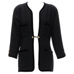 CHANEL Collection 23 1989 Vintage camellia button velvet black tweed jacket FR40