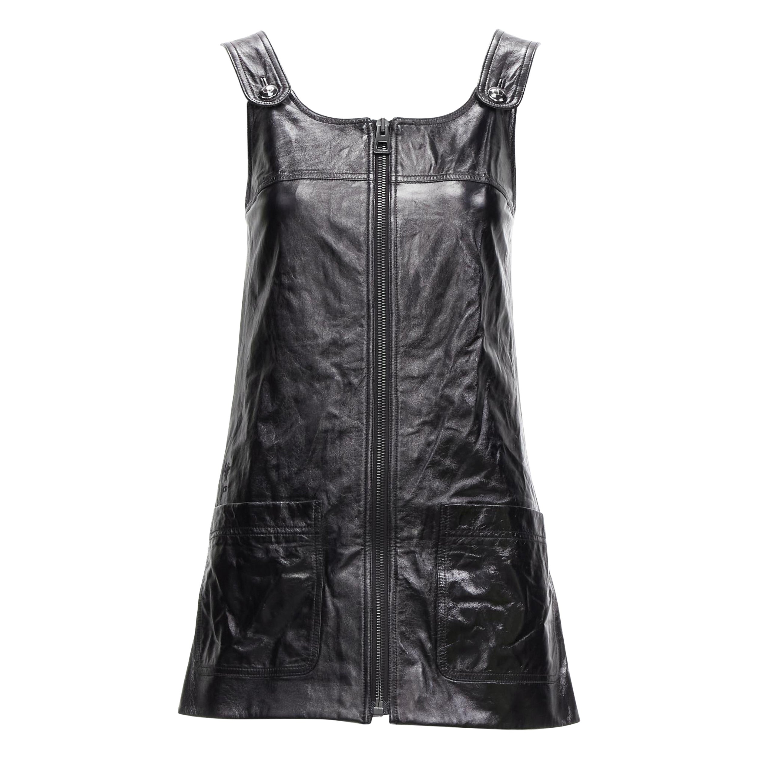 CHRISTIAN DIOR 2022 black crinkled lambskin leather CD logo dungare dress FR36 S For Sale