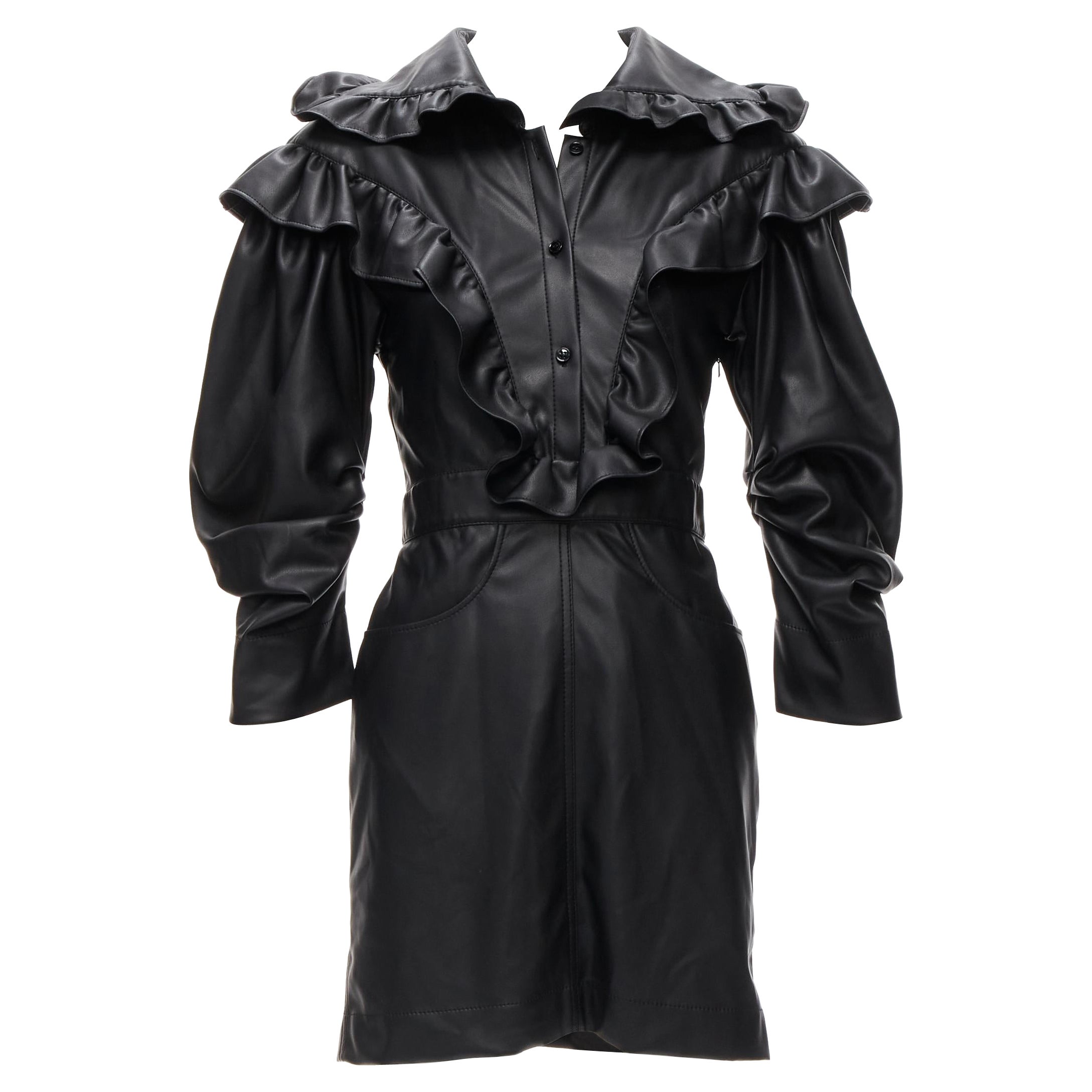 PHILOSOPHY DI LORENZO SERAFINI Vestido victoriano con volantes de piel sintética negra IT38 XS en venta