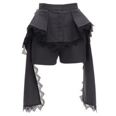 ALEXANDER MCQUEEN black lattice layered peplum high low draped shorts IT38 XS