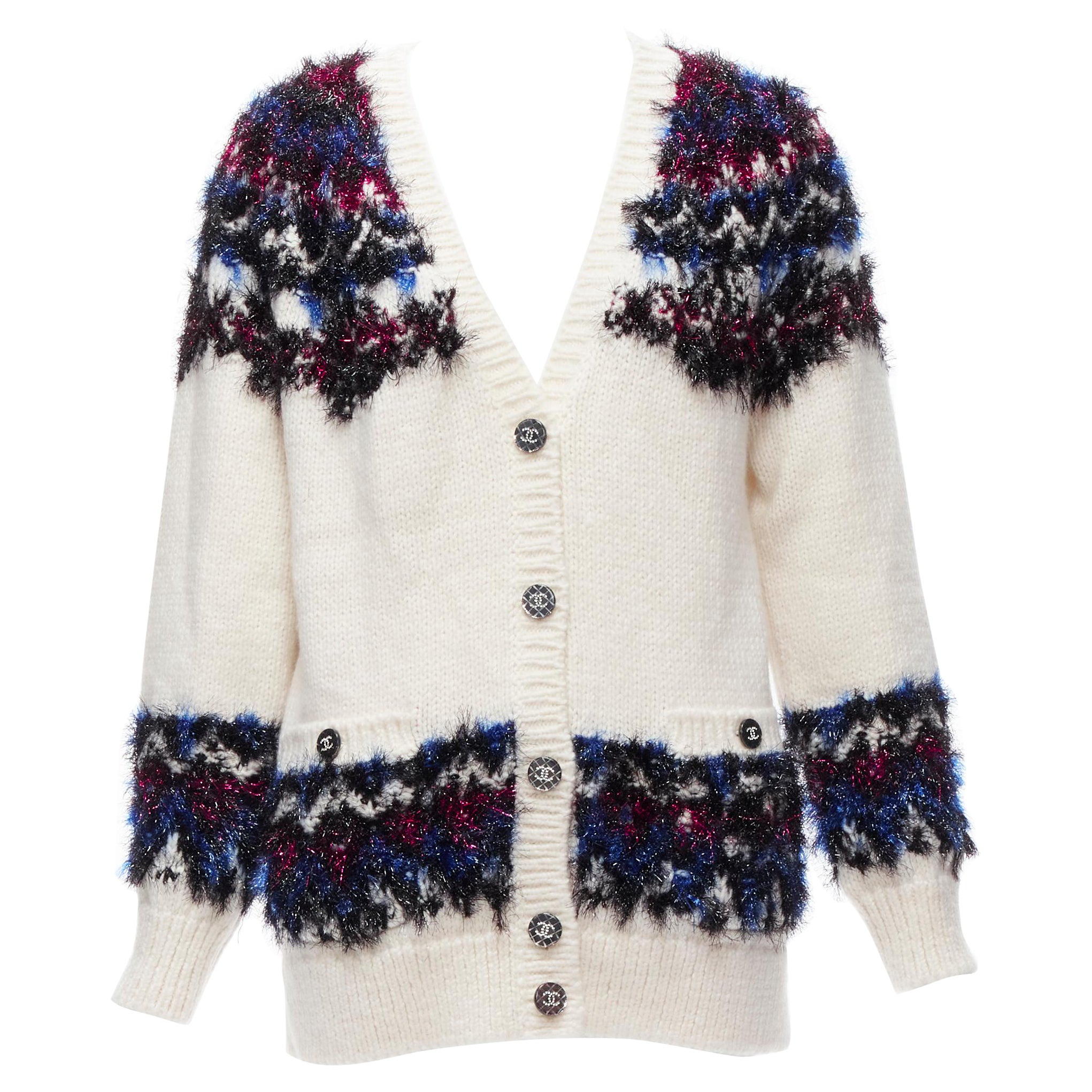 CHANEL pink blue fluffy lurex cream intarsia crystal CC button cardigan FR36 S For Sale