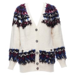 CHANEL pink blue fluffy lurex cream intarsia crystal CC button cardigan FR36 S