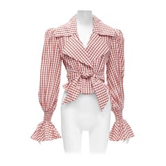 Balmain rouge blanc vichy coton ceinture cravate manches évêque cottage top FR34 XS