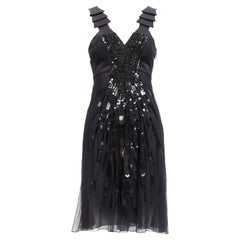 raro VERSACE 2008 abito nero con paillettes e perline con cinturino a balze IT38 XS