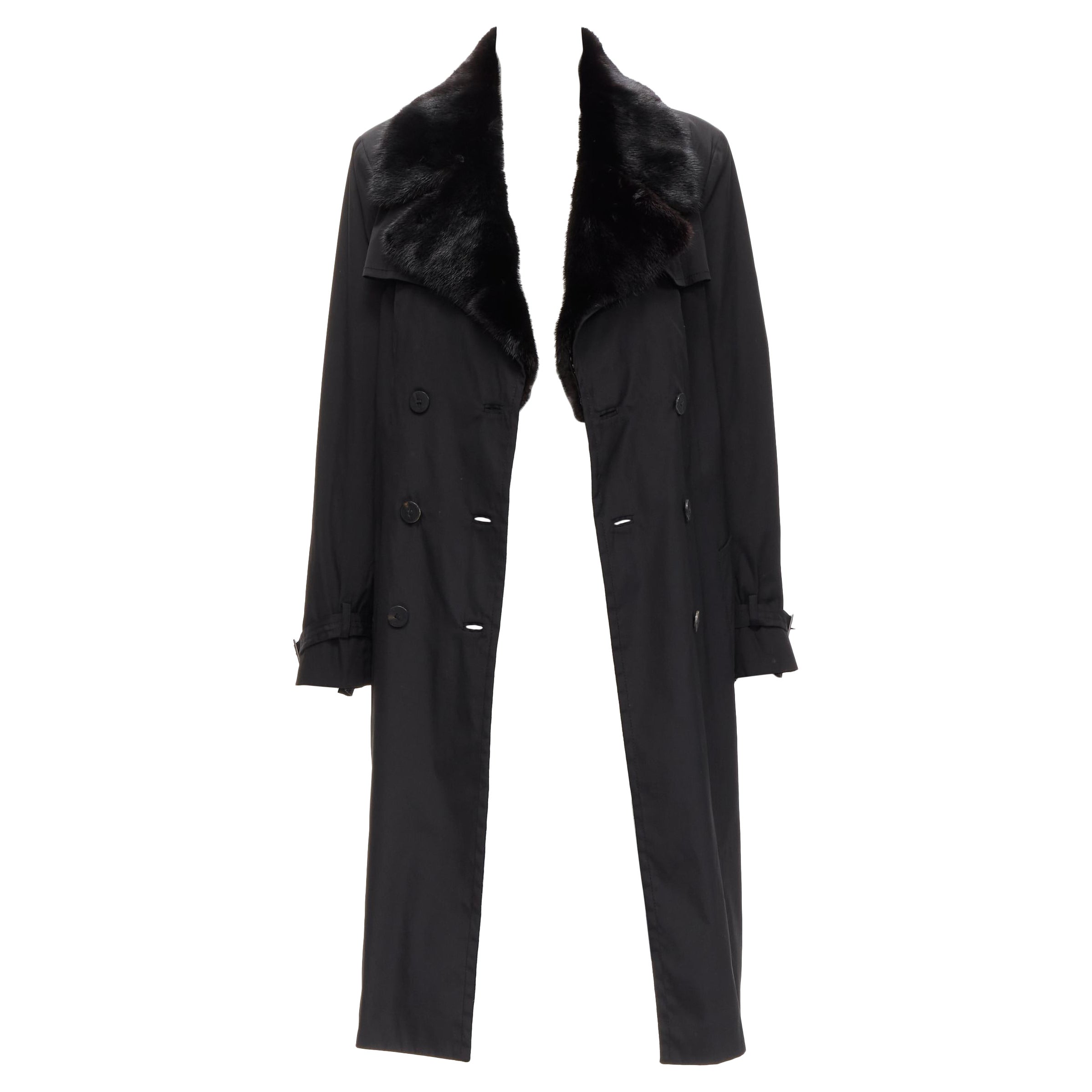 FENDI black fur collar topstitch detail silk belted trench coat jacket IT44 L For Sale