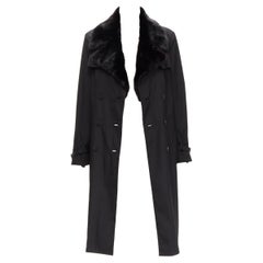 FENDI black fur collar topstitch detail silk belted trench coat jacket IT44 L