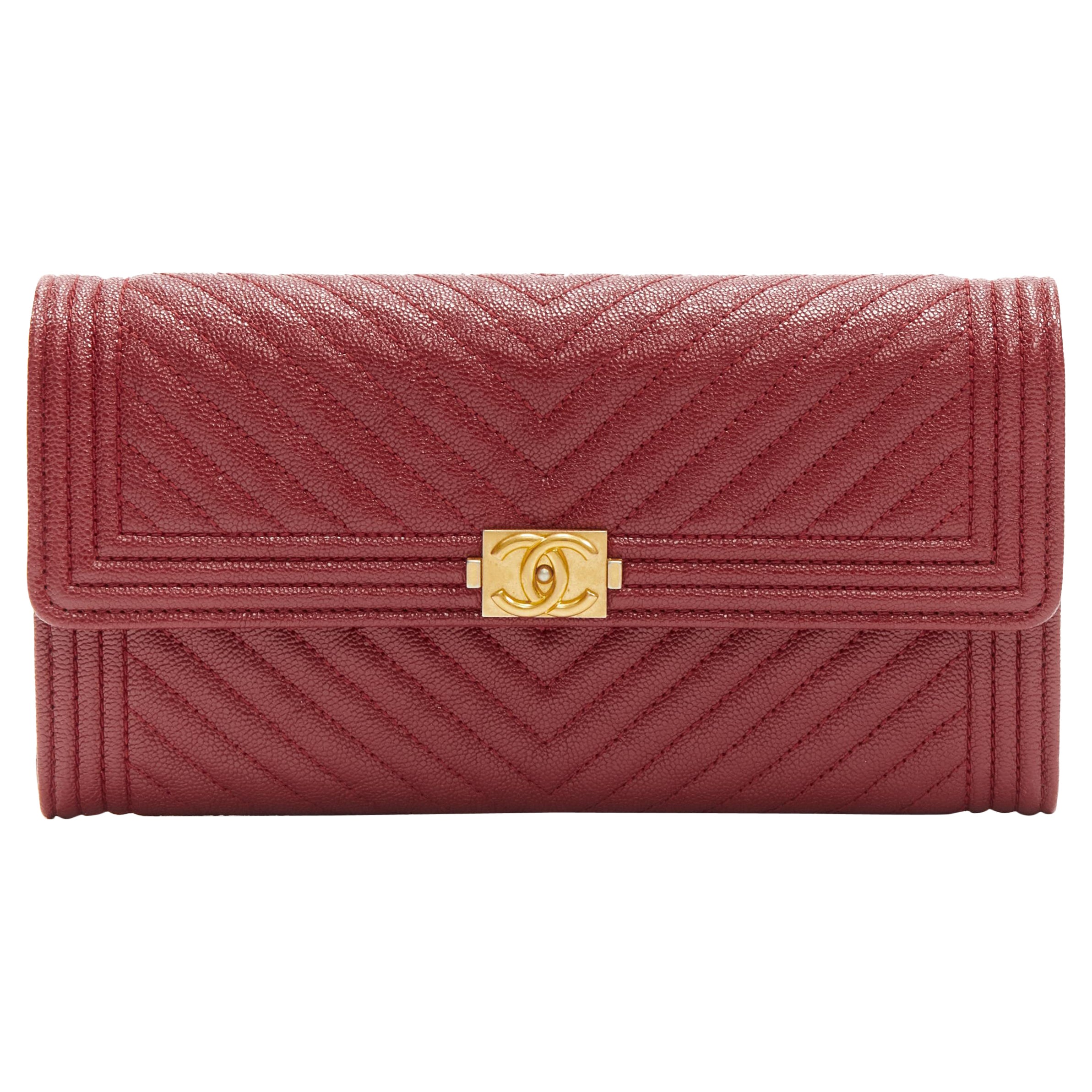CHANEL Boy chevron red caviar gold CC logo flap long wallet For Sale