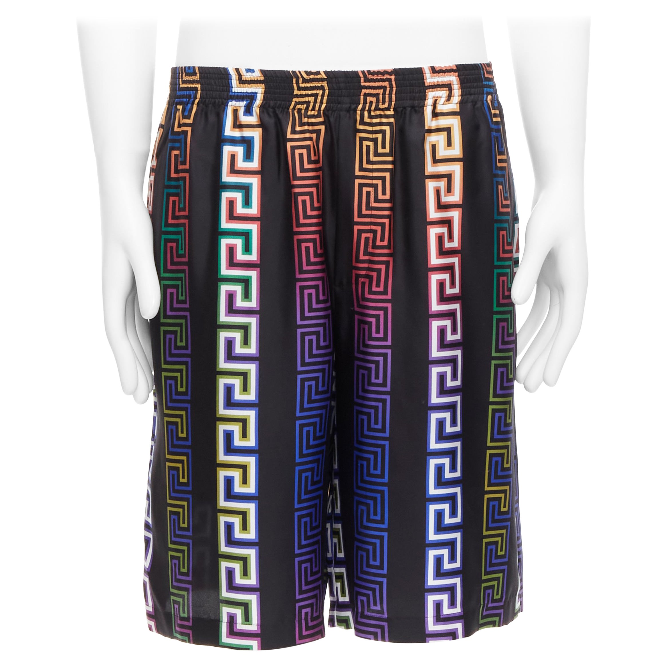VERSACE 2021 Runway Neon Greca black college fit silk twill shorts IT46 S For Sale