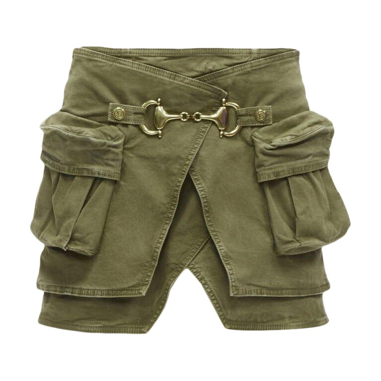 BALMAIN gold tone horsebit buckle green distressed cargo mini skirt FR34 XS