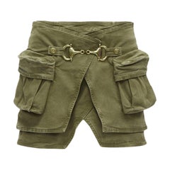 BALMAIN gold tone horsebit buckle green distressed cargo mini skirt FR34 XS