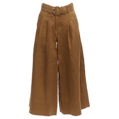 NICHOLAS brown 100% linen high waisted belt wide leg pants US6 M