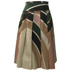 Prada Cream Green and Pink Geometric Print Pleated Cotton Linen Skirt ...