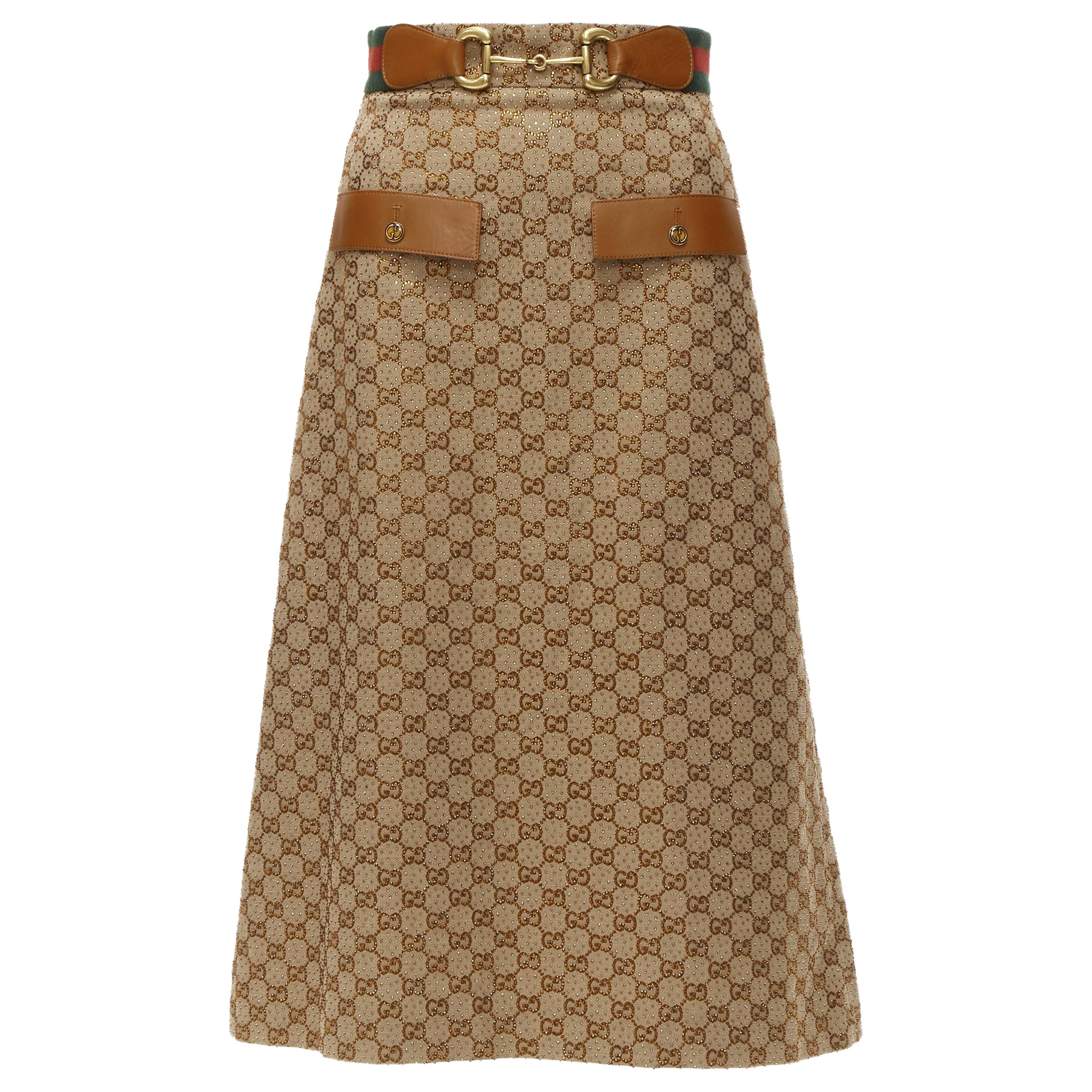 GUCCI Aria GG monogram crystal brown leather horsebit A-line midi skirt IT38 XS For Sale
