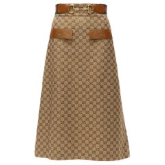 GUCCI Aria GG monogram crystal brown leather horsebit A-line midi skirt IT38 XS