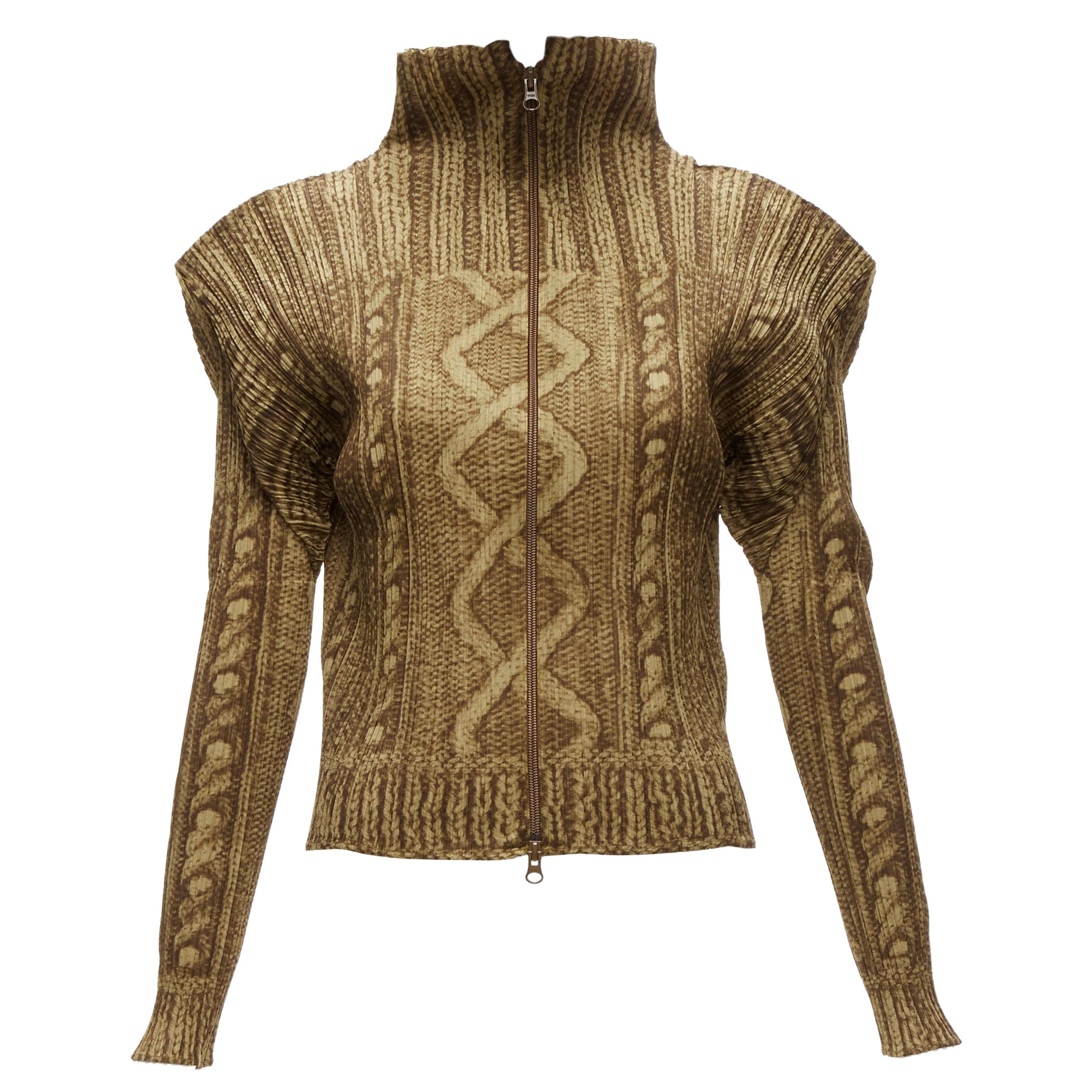 ISSEY MIYAKE PLEATS Please veste zippée en tricot câblé Brown tromp loeil JP4 XL en vente