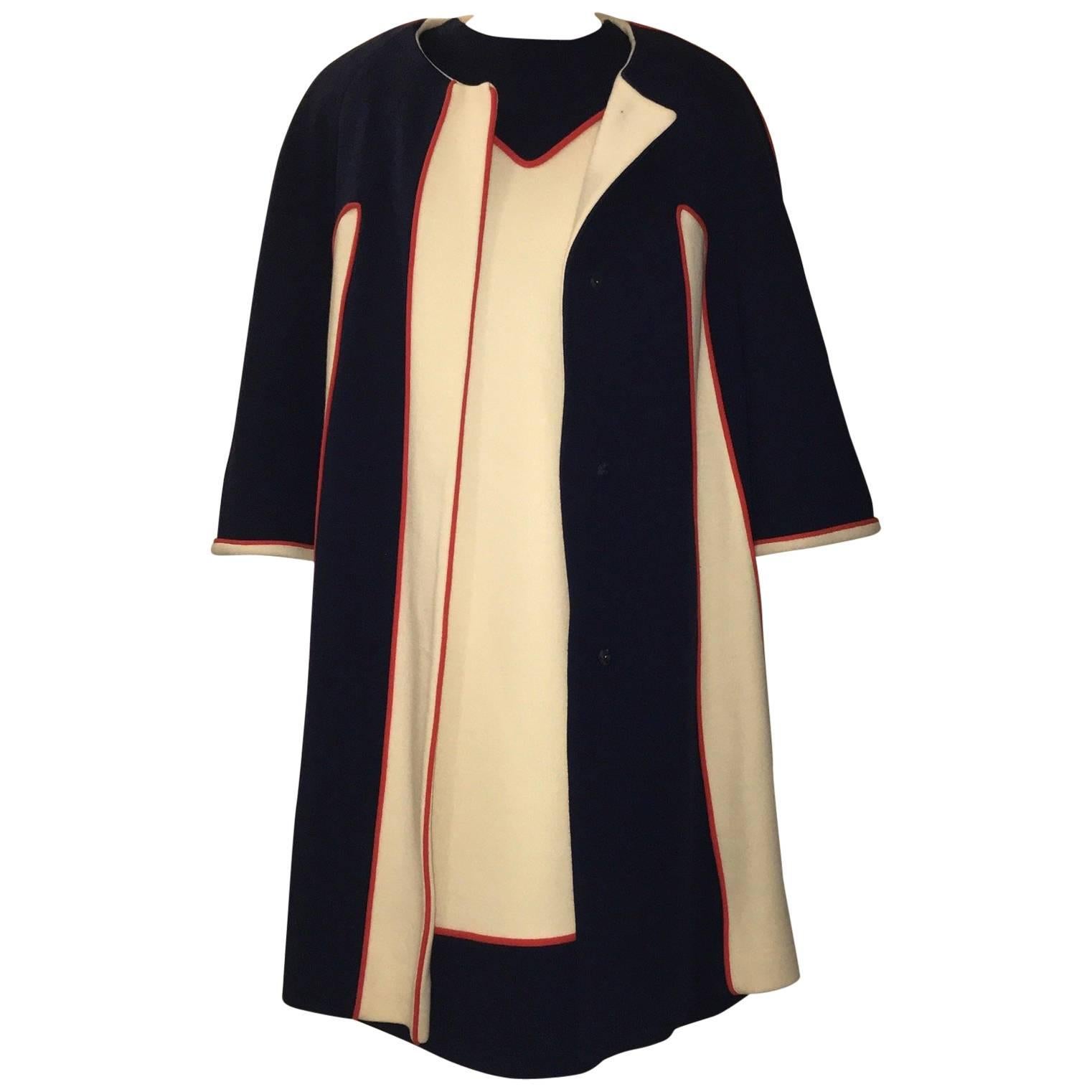Lilli Ann 1960s Cream and Navy Color Block Knit Swing Coat and Shift Dress Set