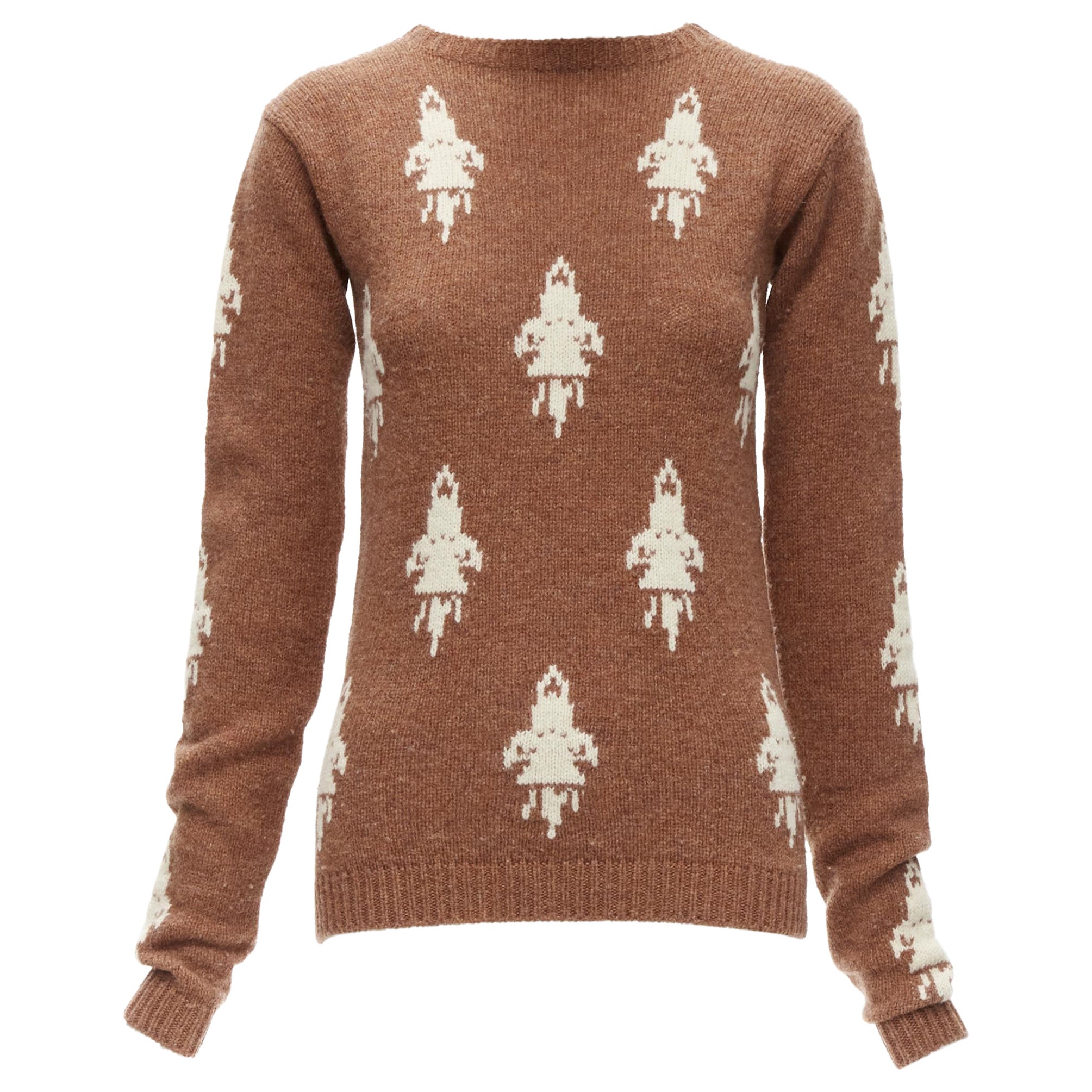 PRADA 2015 100% shetland wool brown rocket intarsia sweater IT36 XXS