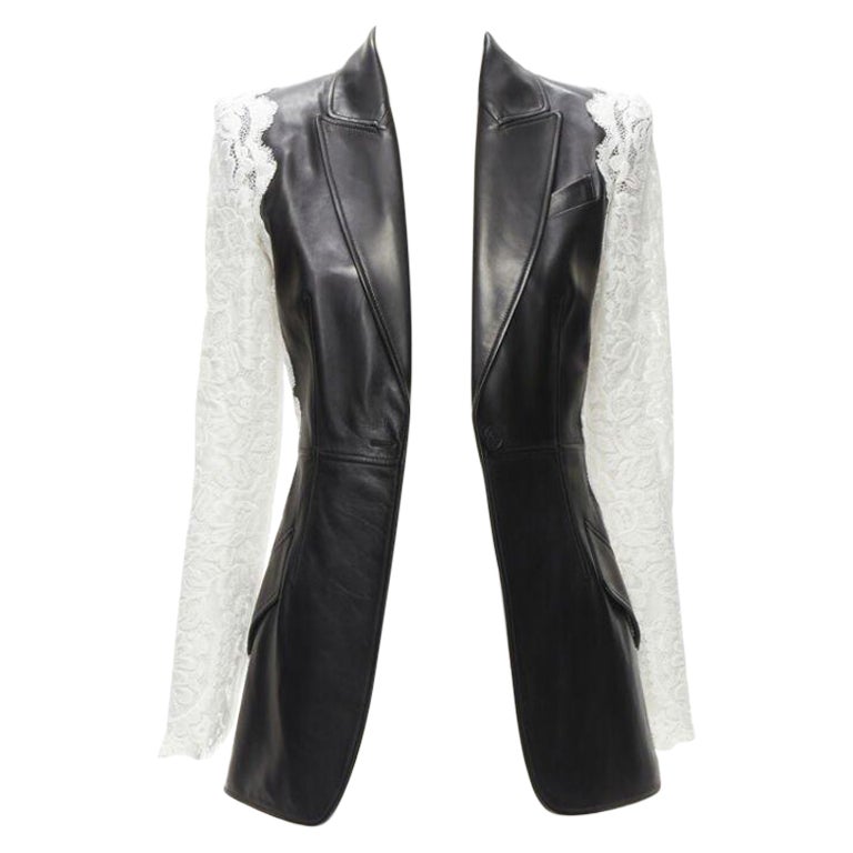 ALEXANDER MCQUEEN 2020 black lamb leather white lace trim blazer jacket IT38 XS For Sale
