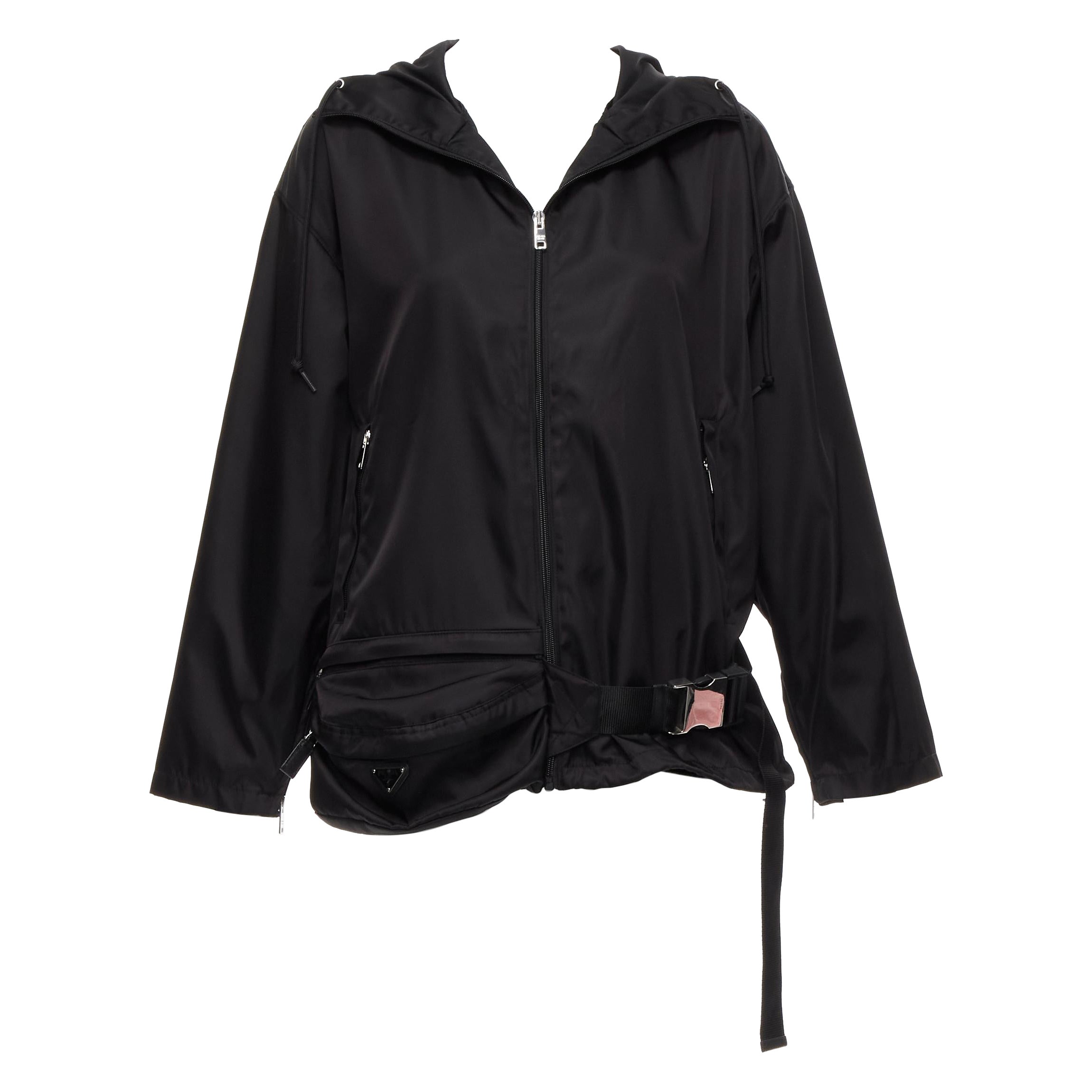 Prada 2019 giacca a vento con cappuccio in nylon nero con logo a triangolo IT36 XS